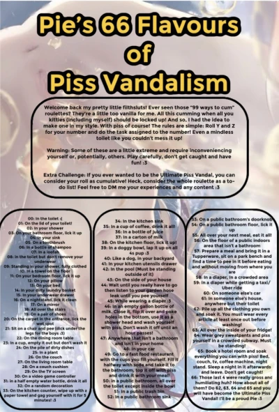 Pie’s 66 flavours of piss vandalism roulette! Pee